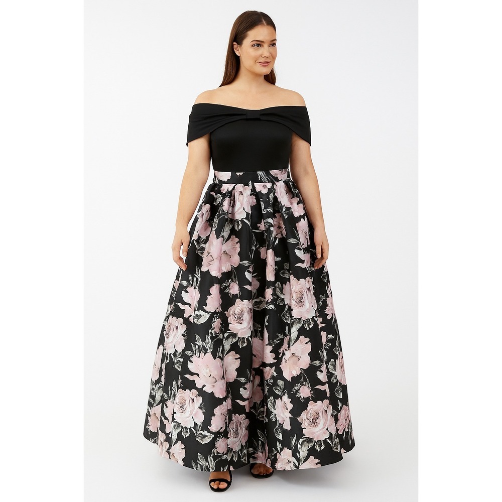 Jessica Howard Womens Off Shoulder Long Evening Dress Size 8 Pink Black Floral